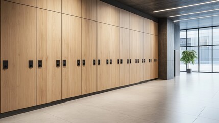 Modern Office Building Interior with Light Wood Lockers and Large Windows