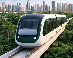 Obraz premium Public Transportation Clean Energy Concept, Futuristic train traveling through a lush urban landscape.