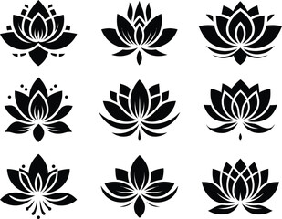 lotus flower silhouette logo set | minimal lotus flower logo set – black silhouette icons for meditation and wellness | minimalist vector icons for yoga and spa