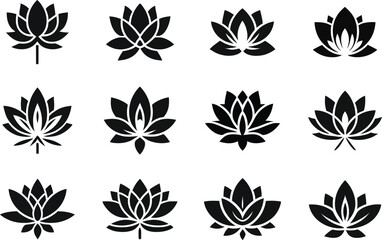 lotus flower silhouette logo set | minimal lotus flower logo set – black silhouette icons for meditation and wellness | minimalist vector icons for yoga and spa
