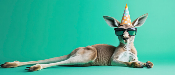 Happy Birthday, carnival, New Year's eve, sylvester or other festive celebration, funny animals card - kangaroo with party hat, sunglasses is laying on the ground, blue background