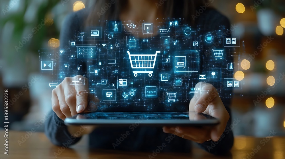 Poster digital shopping experience: person using tablet with visuals of online commerce and payment transac
