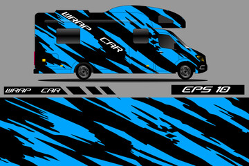 Colorful abstract design of a camper van with dynamic stripes, showcasing modern vehicle graphics