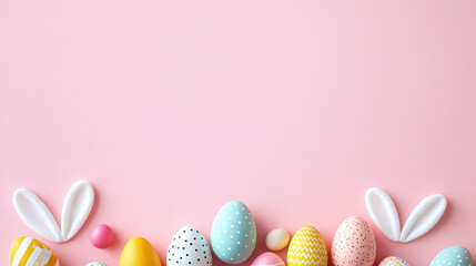 Colorful Painted Easter Eggs and Bunny Ears on Pastel Pink Background, Festive Spring