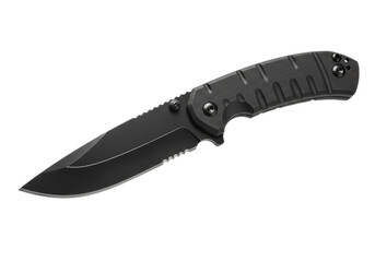Isolated Tactical Knife with Serrated Blade and Black Handle
