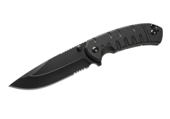 Isolated Tactical Knife with Serrated Blade and Black Handle