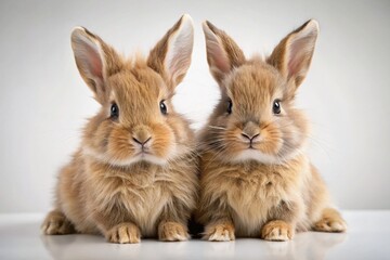 Obraz premium Adorable Brown Bunnies Huddled Together on White Background - Perfect for Easter or Springtime Stock Photos