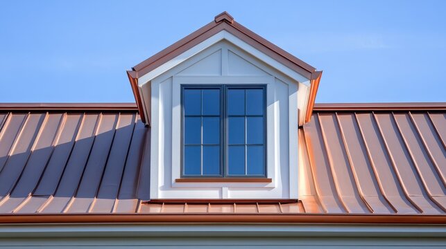 Elegant Copper Roof with Dormer Over White Facade and Rectangular Windows in a Stylish Home Setting