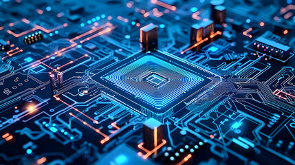 Obraz premium Close Up Of Glowing Circuit Board With Central Chip