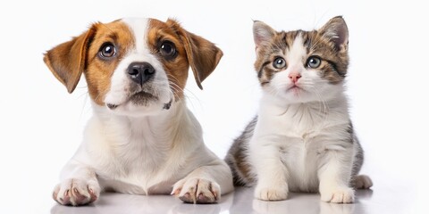 Obraz premium Adorable Jack Russell Puppy & Tiny Scottish Kitten Gaze Upward, Isolated on White