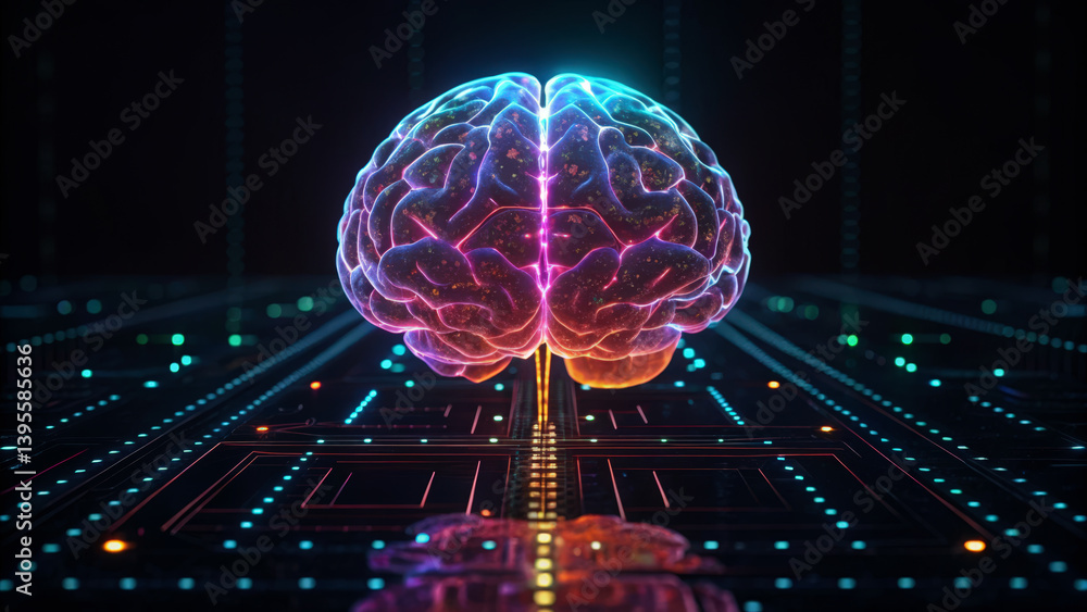 Poster a vibrant, digital representation of a brain surrounded by a network of glowing circuits, symbolizin