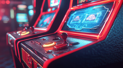 A futuristic retro arcade game machine with glowing neon lights and a joystick sits in a dimly lit room showcasing its intricate details and vibrant colors.