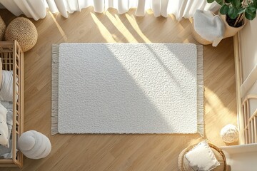 Mock up for carpet. Children room interior in minimalist, contemporary style. Top view. Free, copy space on parquet floor for your carpet or rug design. Modern template. 3D rendering