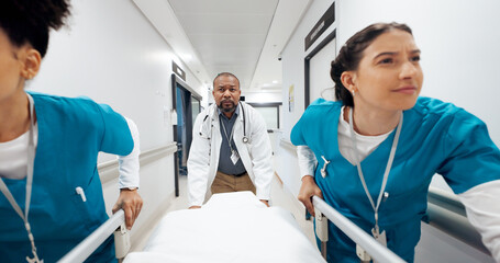 Gurney, healthcare and pov with doctors in hospital for emergency, operation or surgery. Medical,...