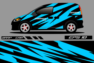 Vibrant blue and black car wrap design showcasing a stylized vehicle with dynamic patterns