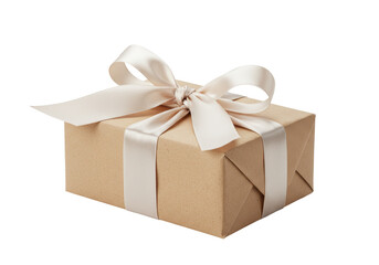 Isolated Neutral Kraft Paper Gift Box with Soft White Ribbon
