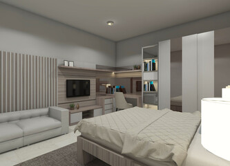 3D rendering of a minimalist bedroom interior featuring a comfortable bed, TV cabinet, work desk, clothing wardrobe, and relaxing sofa.