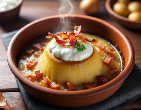 A steaming Lithuanian kugelis (potato pudding) served in a ceramic dish topped with sour cream and crispy bacon pieces.