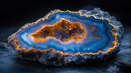 Obraz premium Stunning geode slice, showcasing a vibrant blue-toned agate with a golden interior cavity