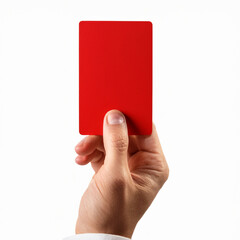 una mano sostiene tarjeta roja colorada sancion, expulsion, advertencia sobre fondo blanco