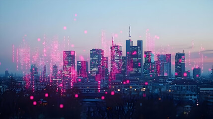 Obraz premium Glowing Pink City Skyline At Night