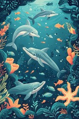 Majestic Dolphins Swimming Among Schools of Fish in Vibrant Underwater Scene