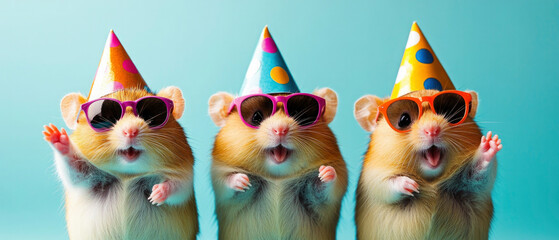 Happy Birthday, carnival, New Year's eve, sylvester or other festive celebration, funny animals card - hamsters with party hats and sunglasses, blue background