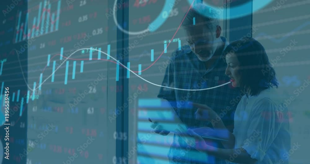Poster analyzing financial data, business professionals using charts and graphs in animation