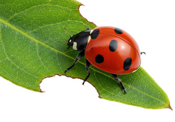 Isolated Ladybug Resting on a Chewed Leaf