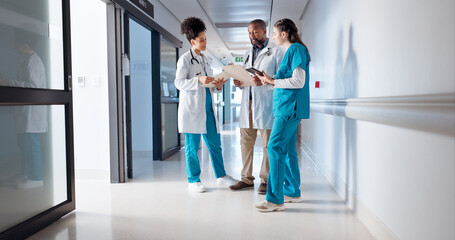 Healthcare, doctors and folder in hospital for meeting, diagnosis feedback and patient chart for...