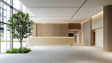 Fototapeta premium Modern Minimalist Hotel Lobby With Wooden Reception Desk And Plant