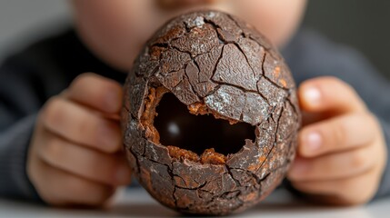 Toddler Holding Cracked Chocolate Egg Closeup