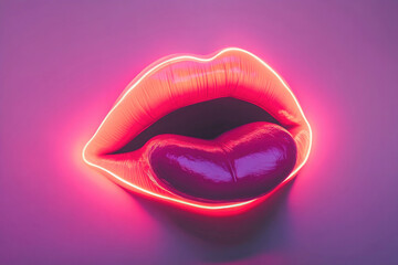Obraz premium Neon lips glow brilliantly against a purple background, combining vivid colors and sleek design to enhance contemporary decor. Perfect for creative ambiance or photography