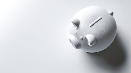 Monochrome view of a white piggy bank with a slot on top on a white background. Great for savings and money concepts.
