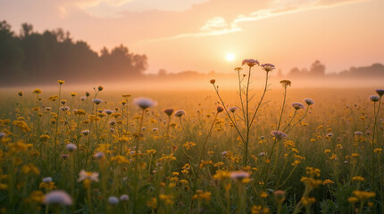 Naklejka premium Serene Meadow at Dawn with Golden Wildflowers