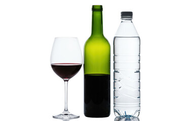 Isolated Composition of Wine Glass, Bottle of Wine, and Water Bottle
