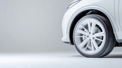 White Electric Car Alloy Wheels Minimalist Studio Lighting Close-up Side View Clean Design Parked Studio Background Bright Neutral Tones Automotive Advertising