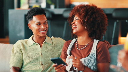 Home, love and couple laughing with smartphone for social media, reading comments and gossip on sofa. House, people and conversation with mobile for application, meme website or relax in living room