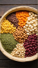 A Vibrant Assortment: An Artistic Arrangement of Diverse Beans and Legumes Presented in a Woven Basket on a Rustic Wooden Surface.