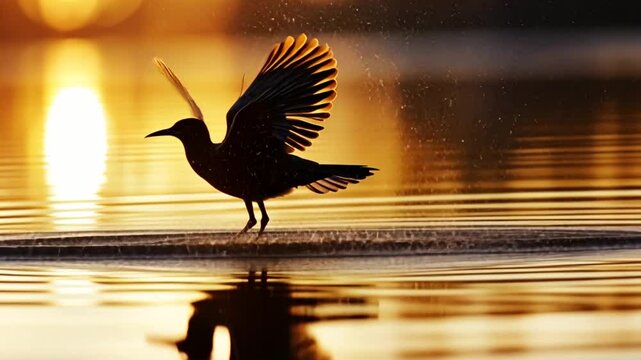 Silhouette of a bird skimming the water surface at sunset, creating ripples in the golden glow