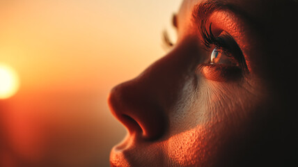 Contemplative gaze at sunset. Close-up on a face bathed in golden light, capturing a moment of introspection and tranquility.