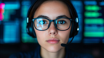 focused female operator wearing glasses and headset, engaged in modern tech environment with digital screens in background
