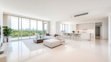 Obraz premium Modern, bright, open-plan apartment with panoramic views. Spacious living area, kitchen, and balcony
