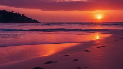 sunset at the beach a sunset on the beach with a pink sky footprints on the beach