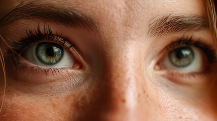 Naklejka premium Close-up of a person's eyes looking upward, with a focus on the intricate details of the iris, eyelashes, and skin texture.