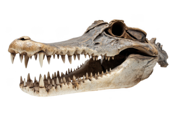 A detailed view of an alligator skull with many sharp teeth shown on transparent background