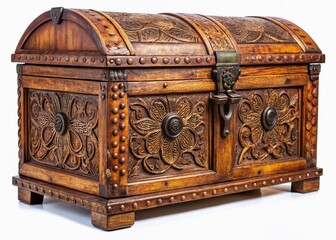 Antique Wooden Chest, Side View, Isolated on White Background - Vintage Storage Trunk