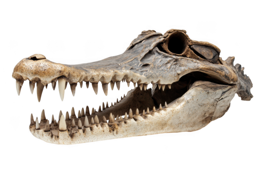 A detailed view of an alligator skull with many sharp teeth shown on transparent background