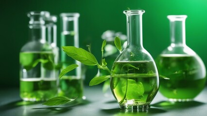 laboratory glassware with green liquid biology laboratory nature and science, plants with biochemistry structure and chemical formula  