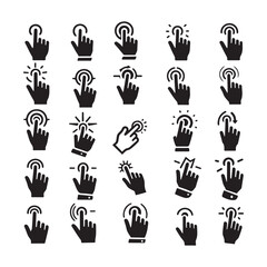 Hand Cursor Click Icon Set in Black Silhouette Vector with Smooth Handmade Lines